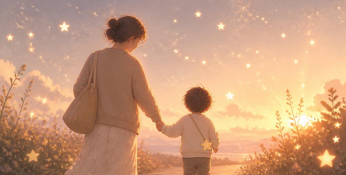 A parent and child holding hands beneath a sky filled with gentle glowing stars